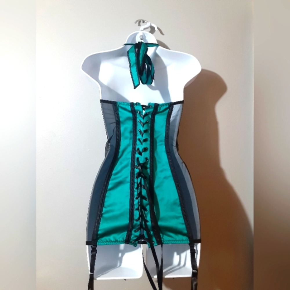 Lovers Lane Women's Lingerie Green Black Satin Lace Corsette Tie Up M Sexy - Picture 4 of 8